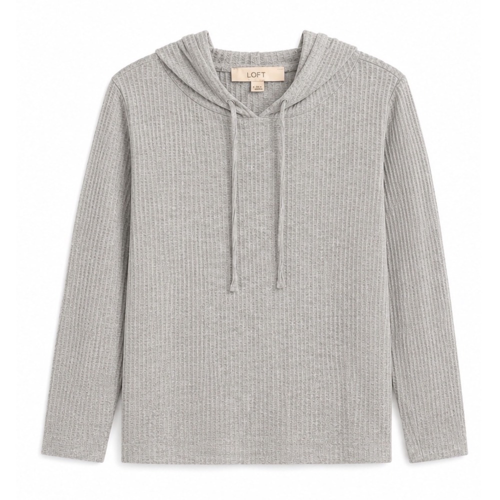 LOFT Womens Grey Waffle Knit Hoodie Pullover Sweatshirt Size M Athleisure Cozy